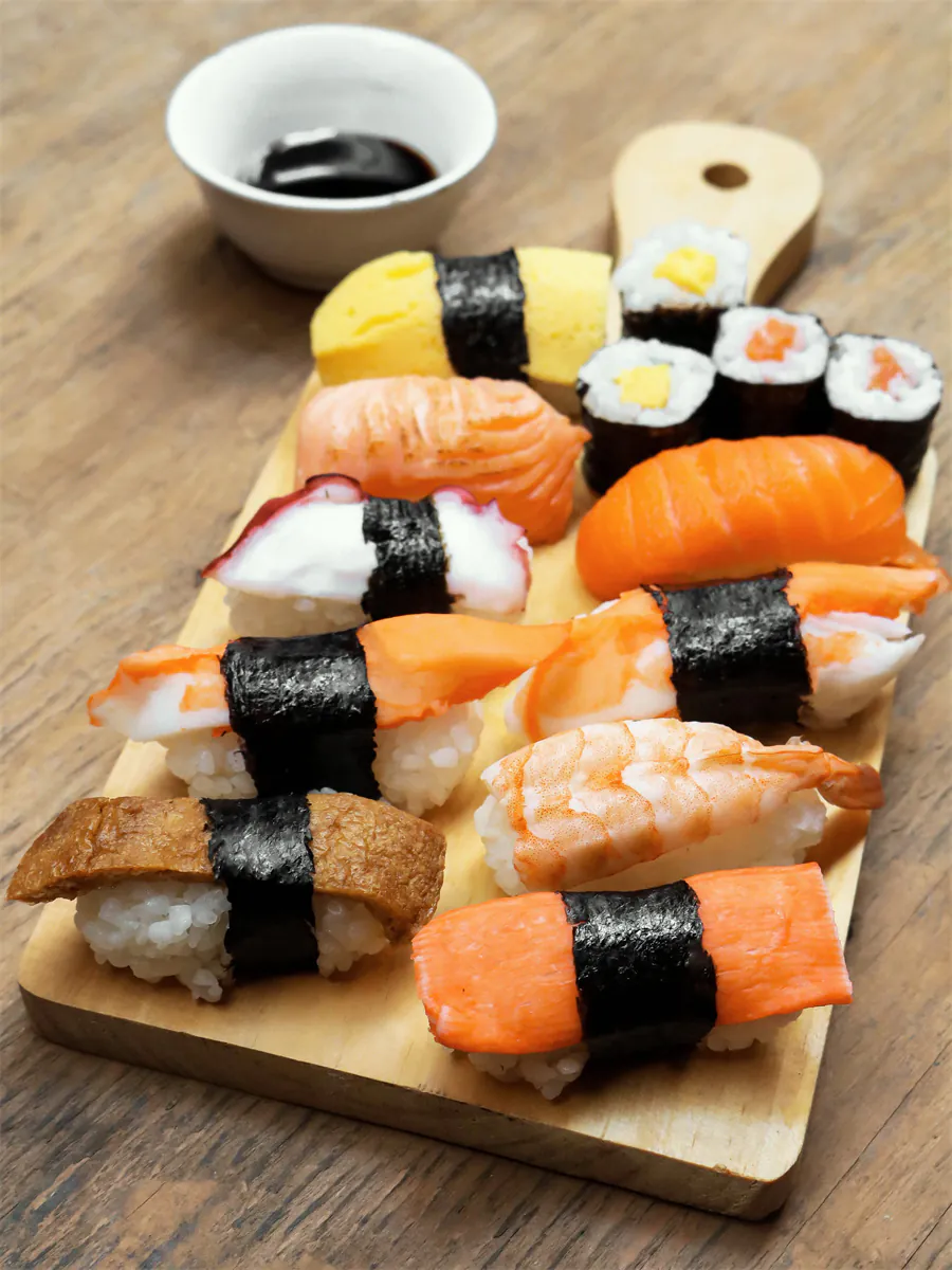 Assorted sushi platter with nigiri, maki and tamago at Ultra Sushi, a Japanese Restaurant in San Mateo